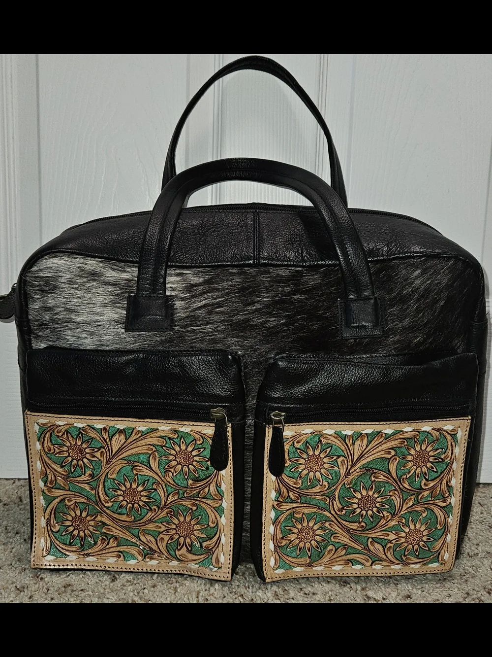 Myra Style Western Cowhide Tote Turquoise Sunflower Tooled Leather Briefcase